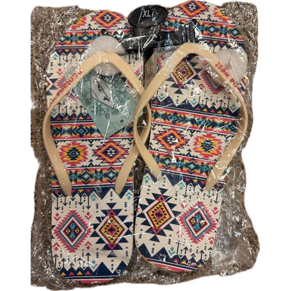 Montana West Womens Southwestern Geometric Print Flip Flops XL Multicolor Boho